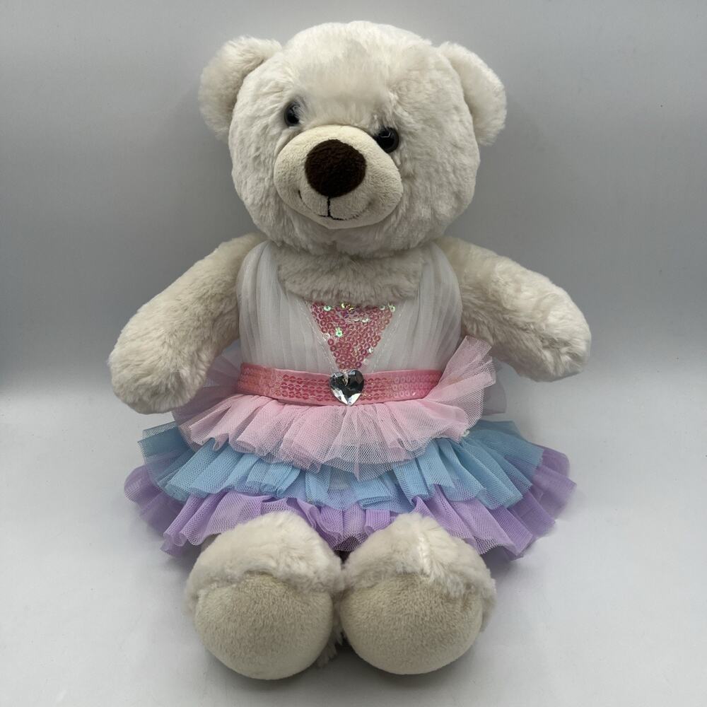 Build-a-Bear 14" White Cream Teddy Bear Brown Nose Plush, MultiColor Dress